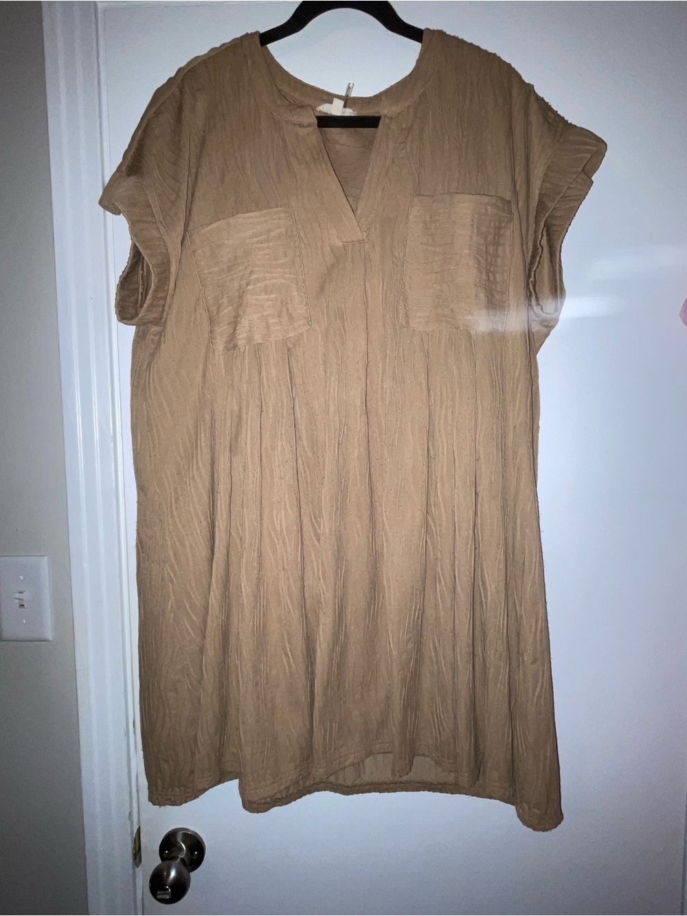 entro Tan Short Sleeve V-Neck Tunic with Front Pockets